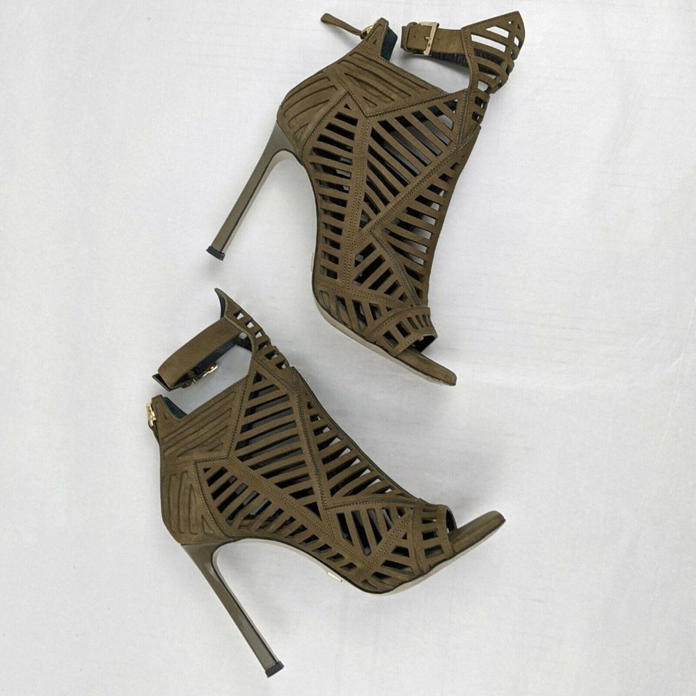 Daniele Michetti Olive Green Women's Sz  7 Geometric Cutout Cage Stiletto Heels